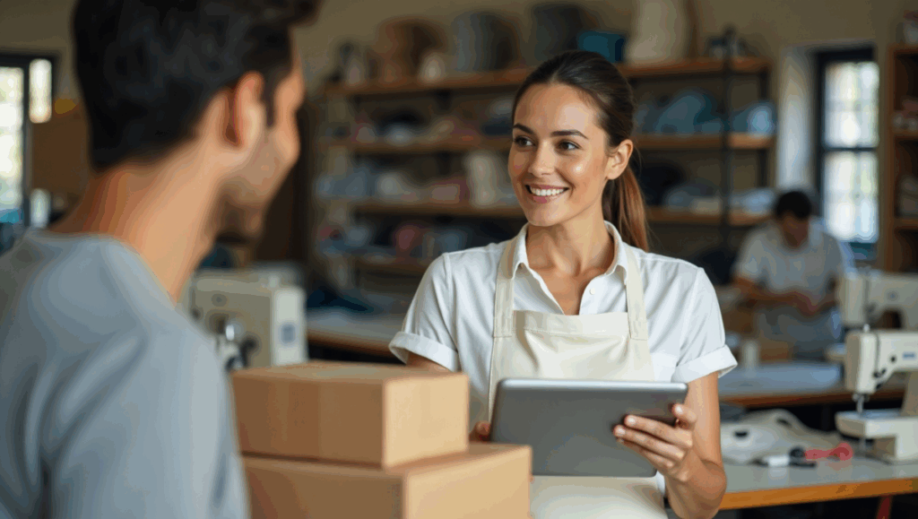 Impacto de automatizar procesos financieros: Gerente de taller de costura recibe su nueva mercancía. Confiada con su sistema automatizado.