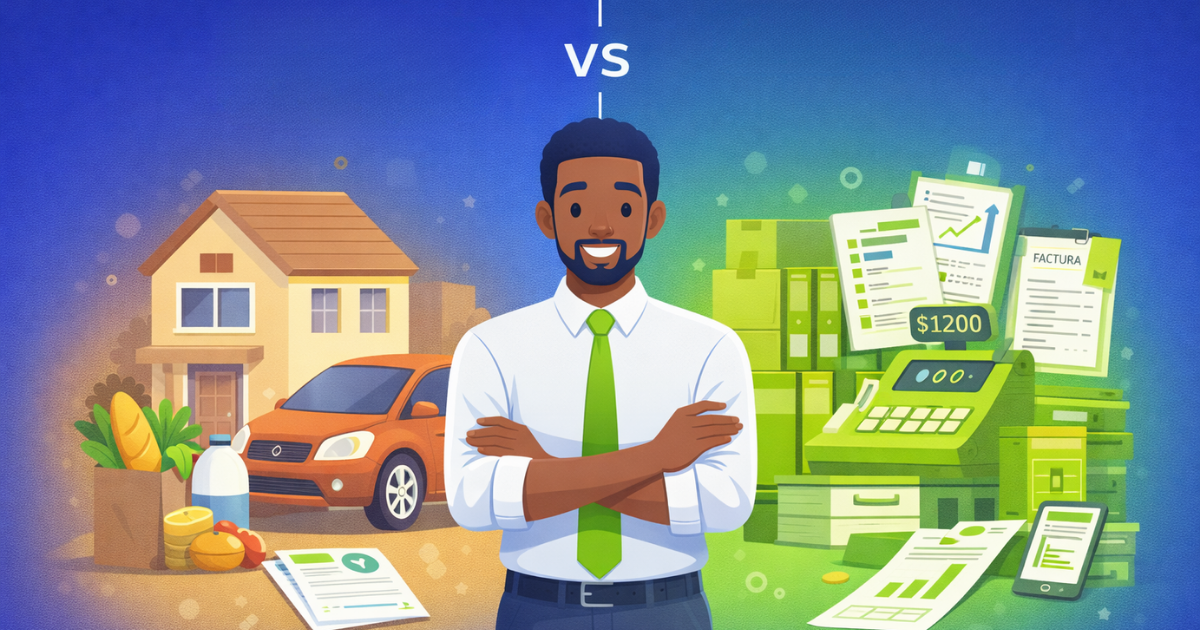 Separar finanzas personales y empresariales: dueño de PYME gestionando dos cuentas bancarias organizadas de forma independiente para negocio y vida personal